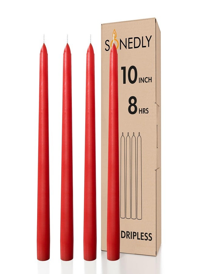 Sonedly 10 Inch Taper Candles 4 Pack - Home Interior Long Burning Dripless and Smokeless Unscented - 8-Hour Burning Red Tapered for Home - Image 1